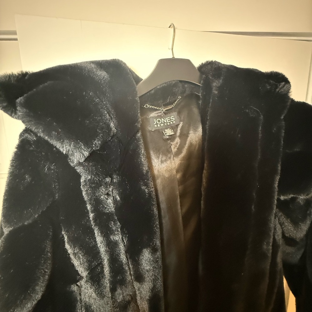 Jones New York Hooded Black Faux Fur Coat